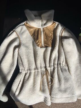 Coach Cream Sherpa Half Zip Jacket with Tan Trim and Zip